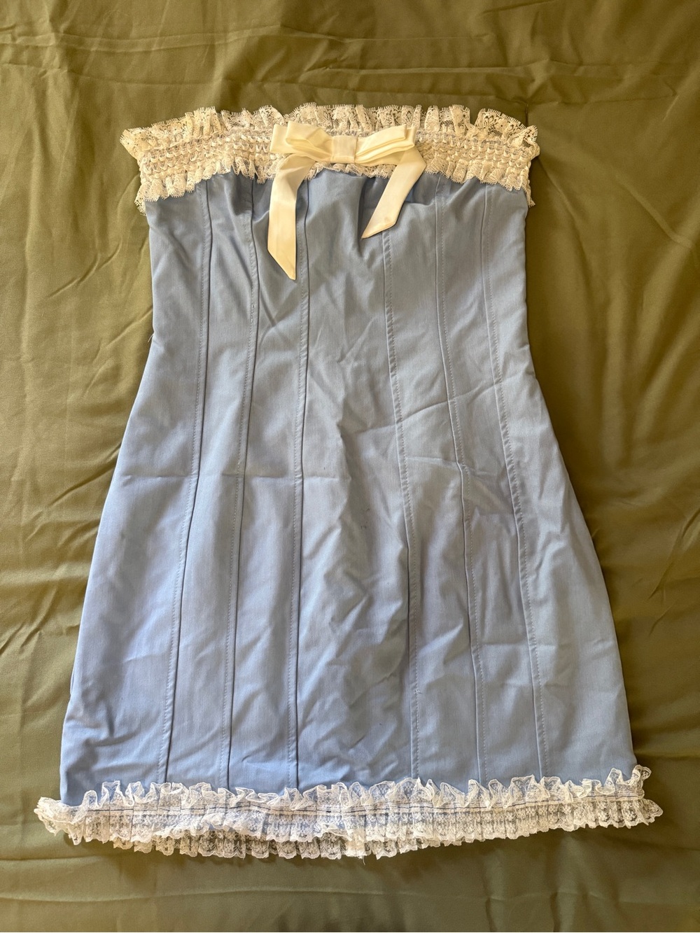 Lena Light Blue Lace-Trim Strapless Dress with Cream Bow
